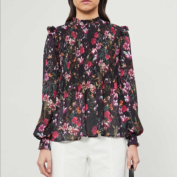 Ted Baker Tops - Ted Baker Enyya Fern Forest black floral smocked high neck blouse
